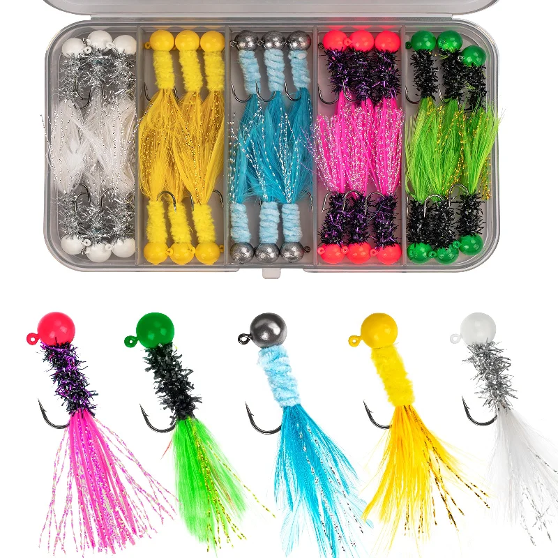 THKFISH 30pcs Crappie Feather Jigs Marabou Jig Heads Kit