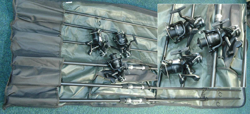 THREE 12' 2 3/4 lb TC CARP PIKE FISHING RODS & THREE BAIT RUNNER REEL IN HOLDALL