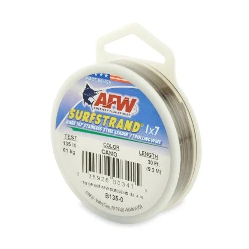 Surfstrand Bare 1X7 Stainless Steel Leader Wire 135Lb Test 027 in 069 Mm Dia Camo 30 Ft 92 M